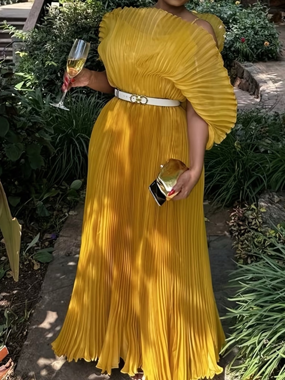 Mustard Gold Pleated Batwing Sleeve Maxi Dress | Elegant Statement Gown | One - Picture 3 of 11
